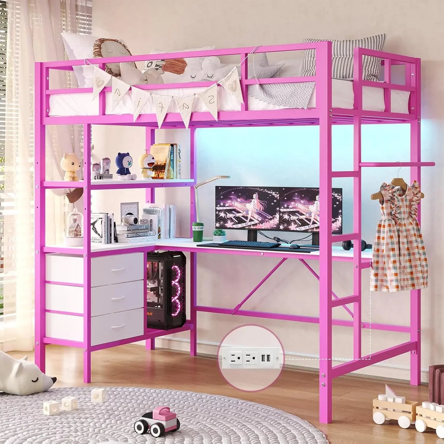 Twin Loft Bed with L-Shaped Desk, LED Lights,