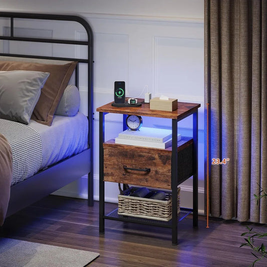 3-Tier Side Table, Led, Drawer, Charger