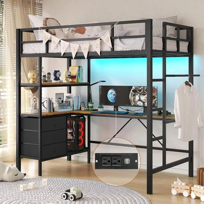 Twin Loft Bed with L-Shaped Desk, LED Lights,
