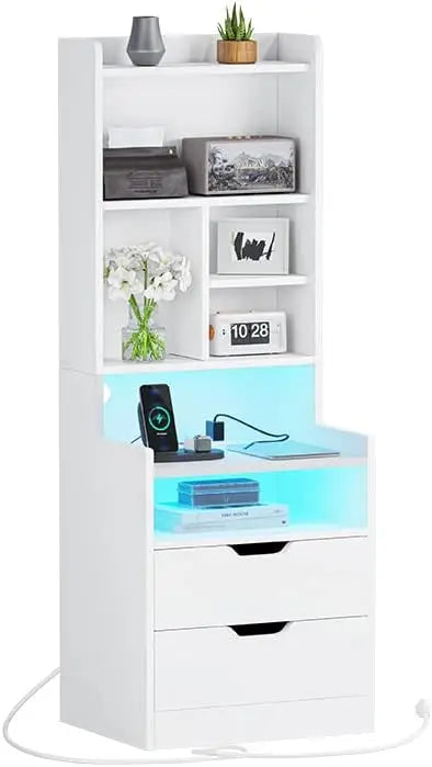 2 Tall Nightstand ,LED. Charging, 2 Drawers,