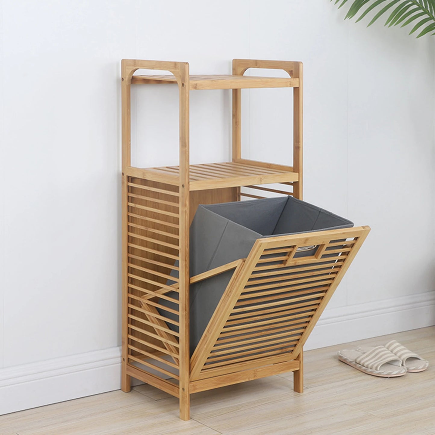 Bamboo Laundry Rack Flip Basket, 2 Shelves