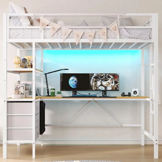 Twin Loft Bed with L-Shaped Desk, LED Lights,