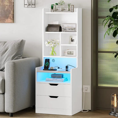 2 Tall Nightstand ,LED. Charging, 2 Drawers,