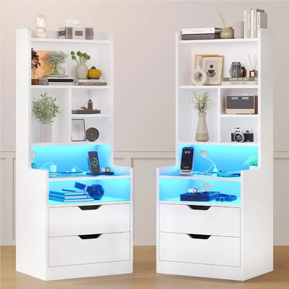 2 Tall Nightstand ,LED. Charging, 2 Drawers,