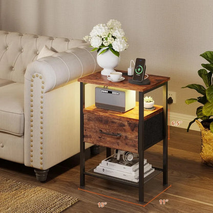 3-Tier Side Table, Led, Drawer, Charger