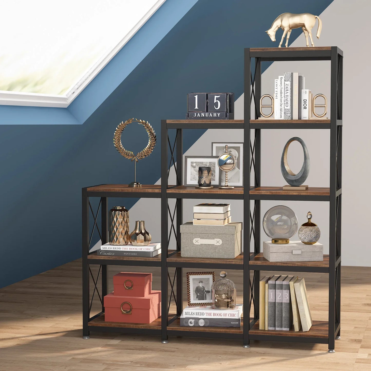 12 Shelves Bookshelf, Ladder Stepped Corner Bookshelf