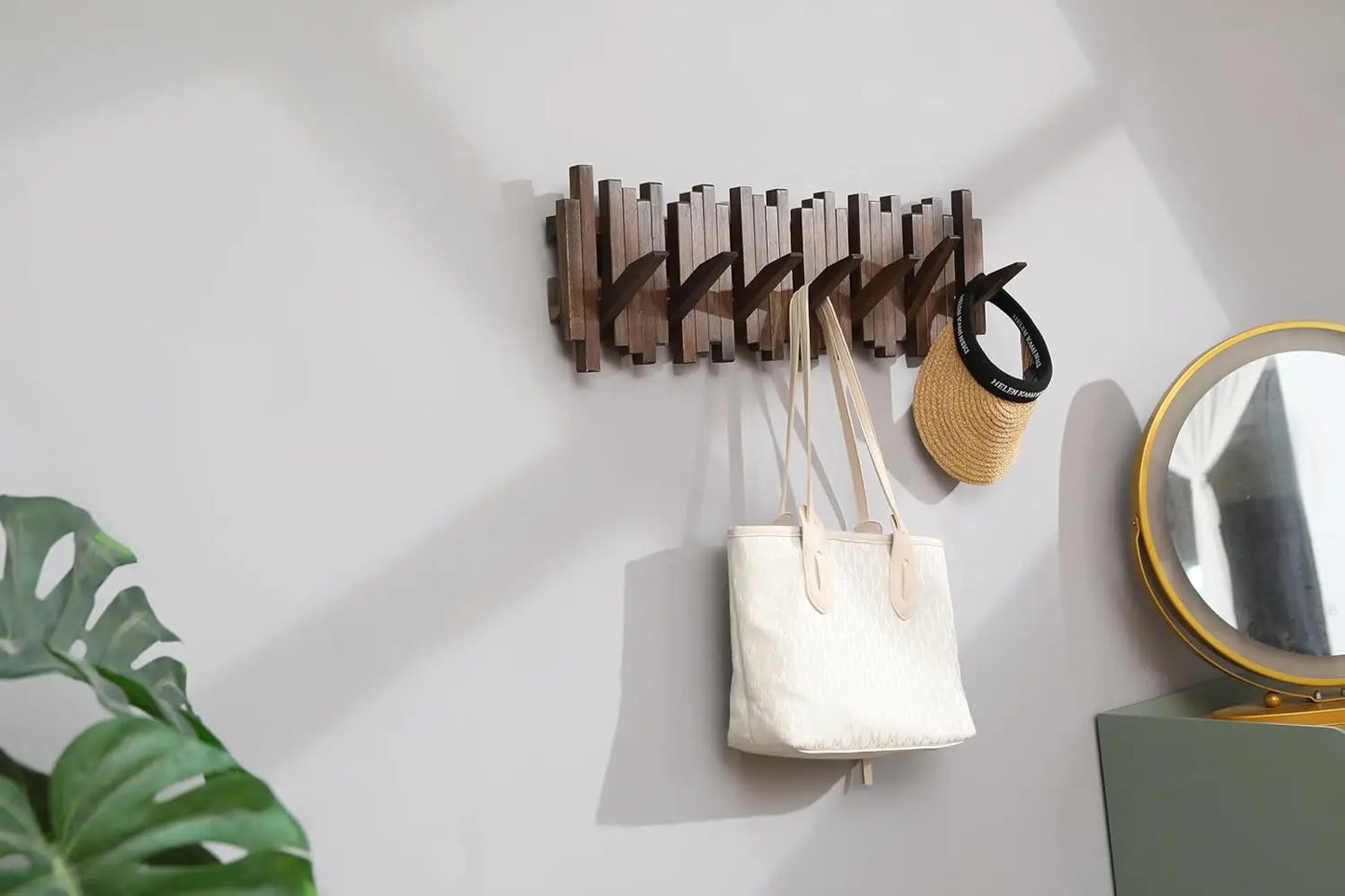 Natural Wood Wall-Mounted Coat Rack with Hooks