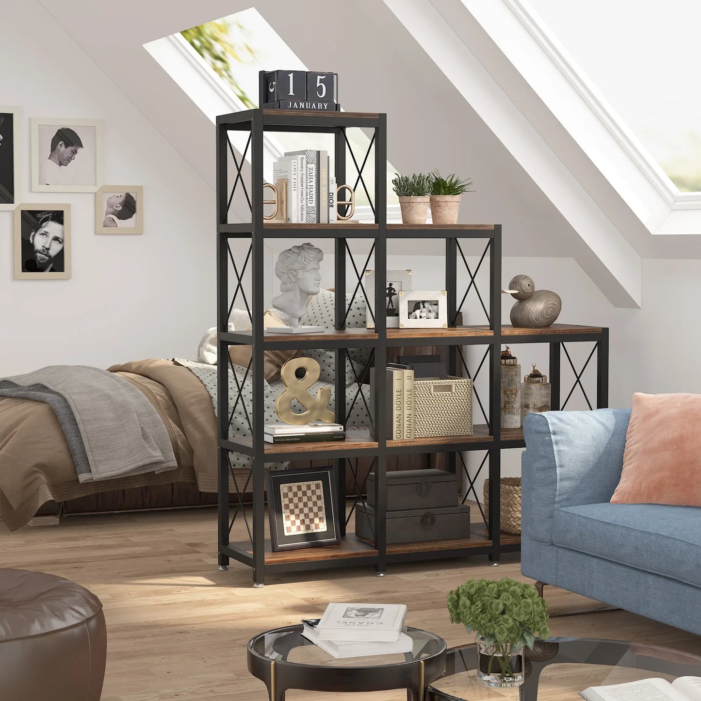 12 Shelves Bookshelf, Ladder Stepped Corner Bookshelf