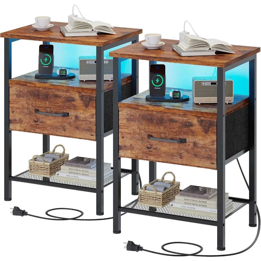 3-Tier Side Table, Led, Drawer, Charger