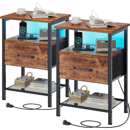 3-Tier Side Table, Led, Drawer, Charger