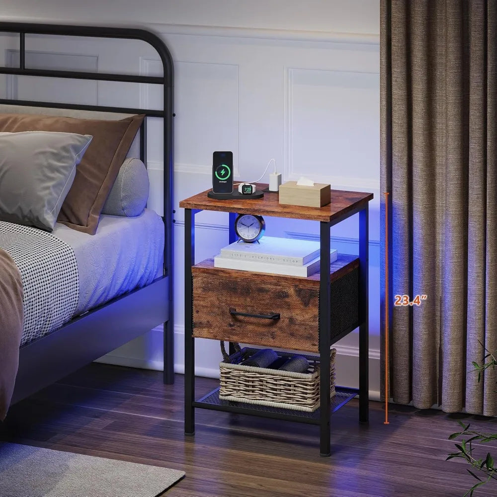 3-Tier Side Table, Led, Drawer, Charger