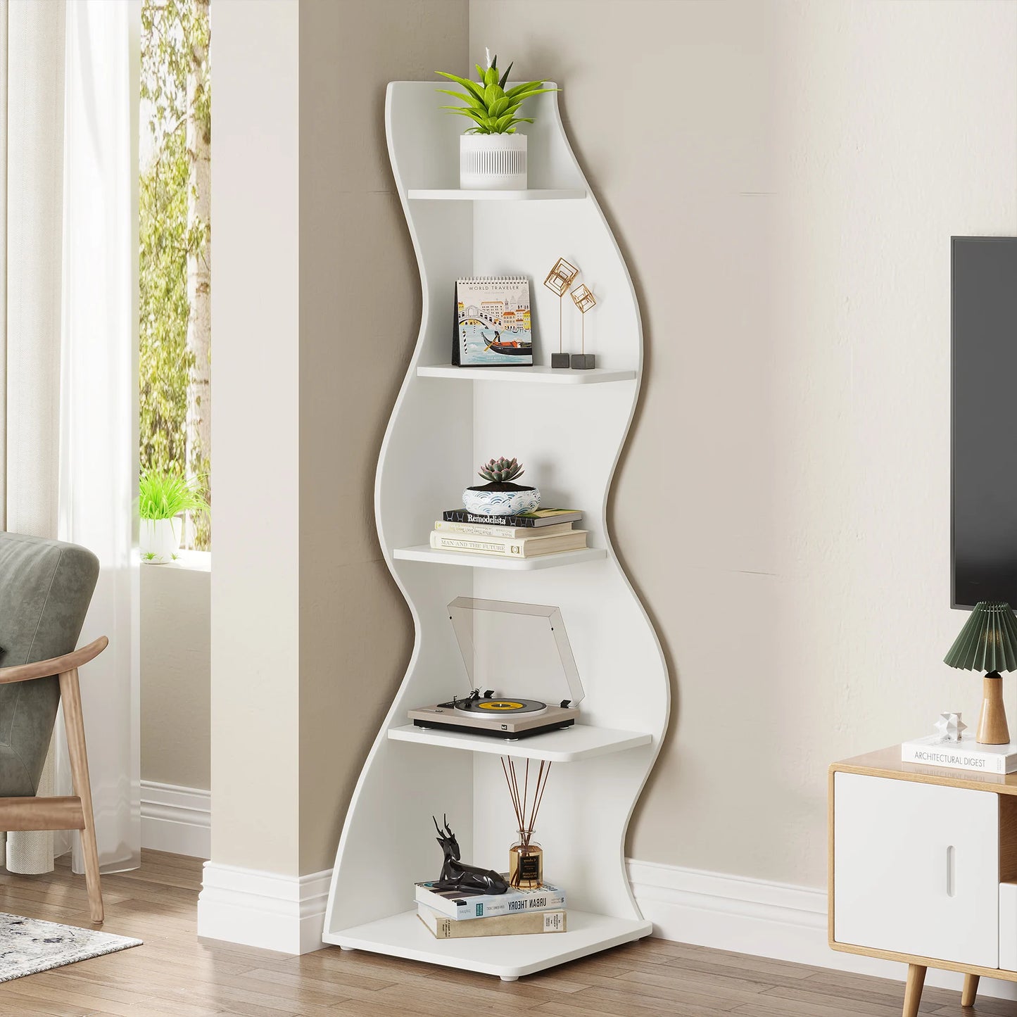 Modern 5-Tier Wall Corner Bookshelf Storage