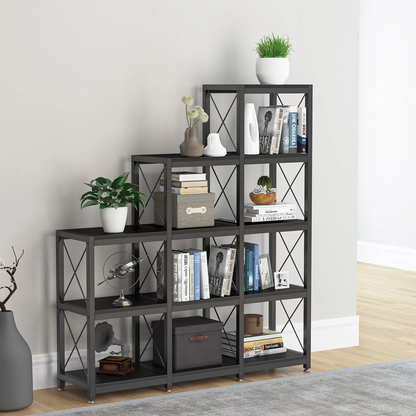 12 Shelves Bookshelf, Ladder Stepped Corner Bookshelf