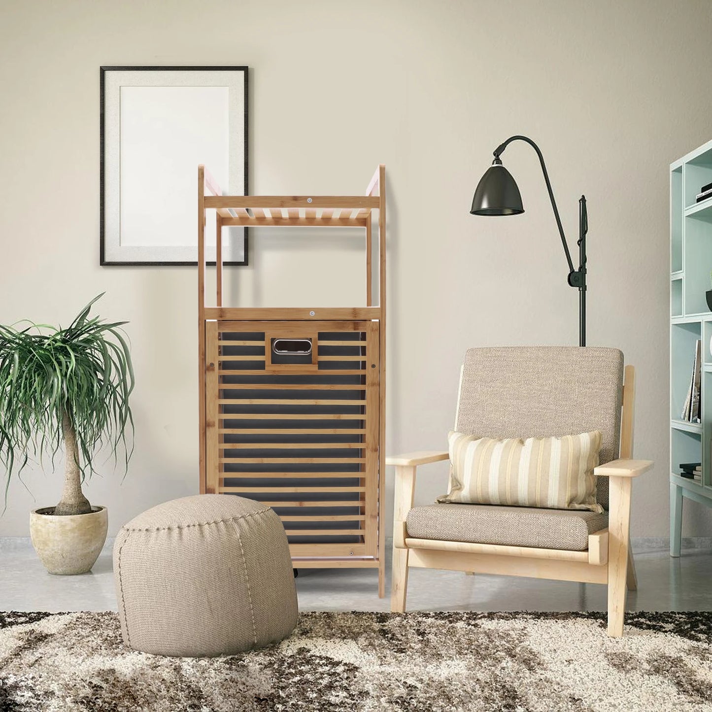 Bamboo Laundry Rack Flip Basket, 2 Shelves