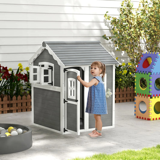 , Outdoor Wooden Playhouse Floor, Door, Windows, Planter