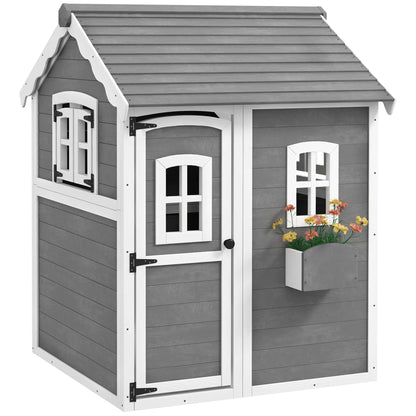 , Outdoor Wooden Playhouse Floor, Door, Windows, Planter