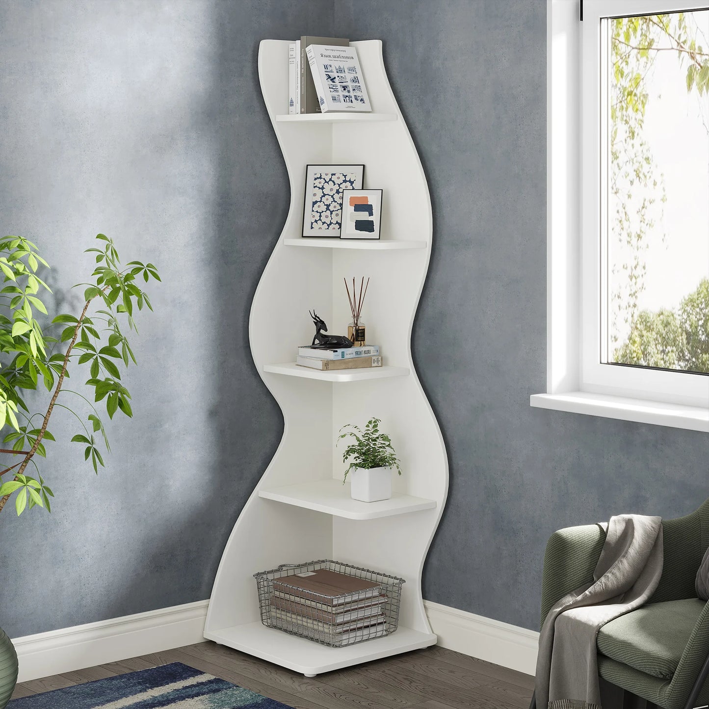 Modern 5-Tier Wall Corner Bookshelf Storage